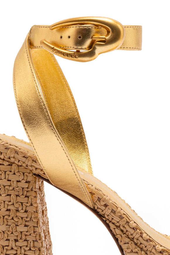 Larroude Dolly Verona Sandal In Gold Metallic Leather and Raffia