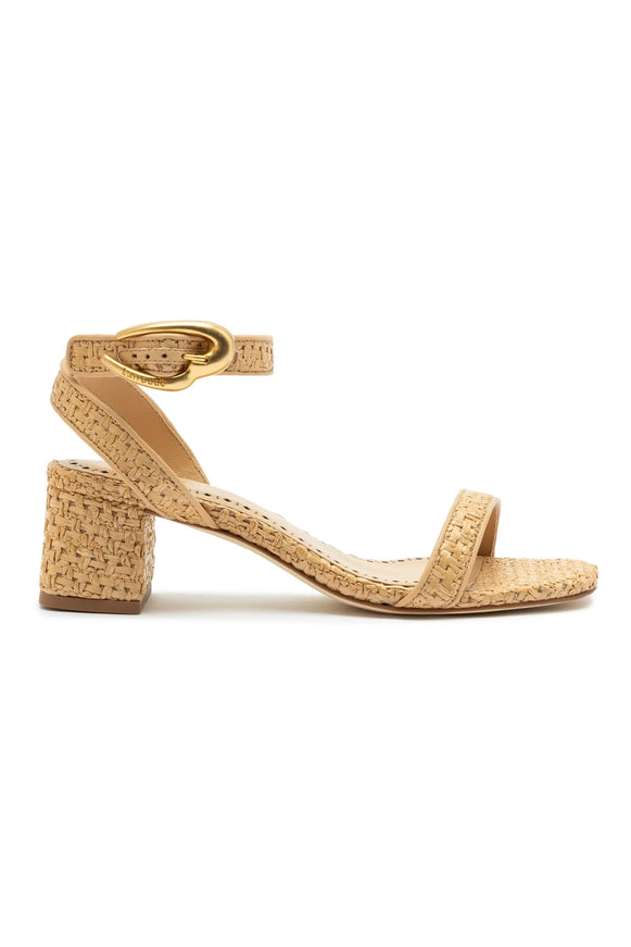 Larroude Verona Block Sandal In Beige Leather and Raffia