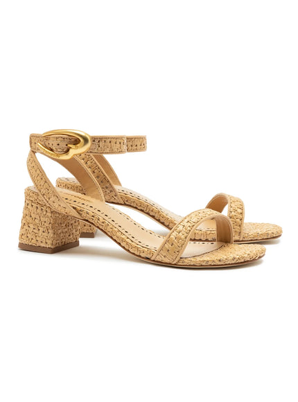 Larroude Verona Block Sandal In Beige Leather and Raffia