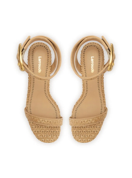 Larroude Verona Block Sandal In Beige Leather and Raffia