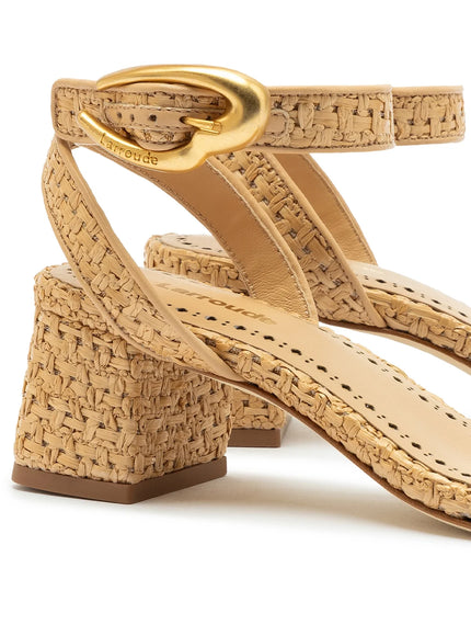 Larroude Verona Block Sandal In Beige Leather and Raffia