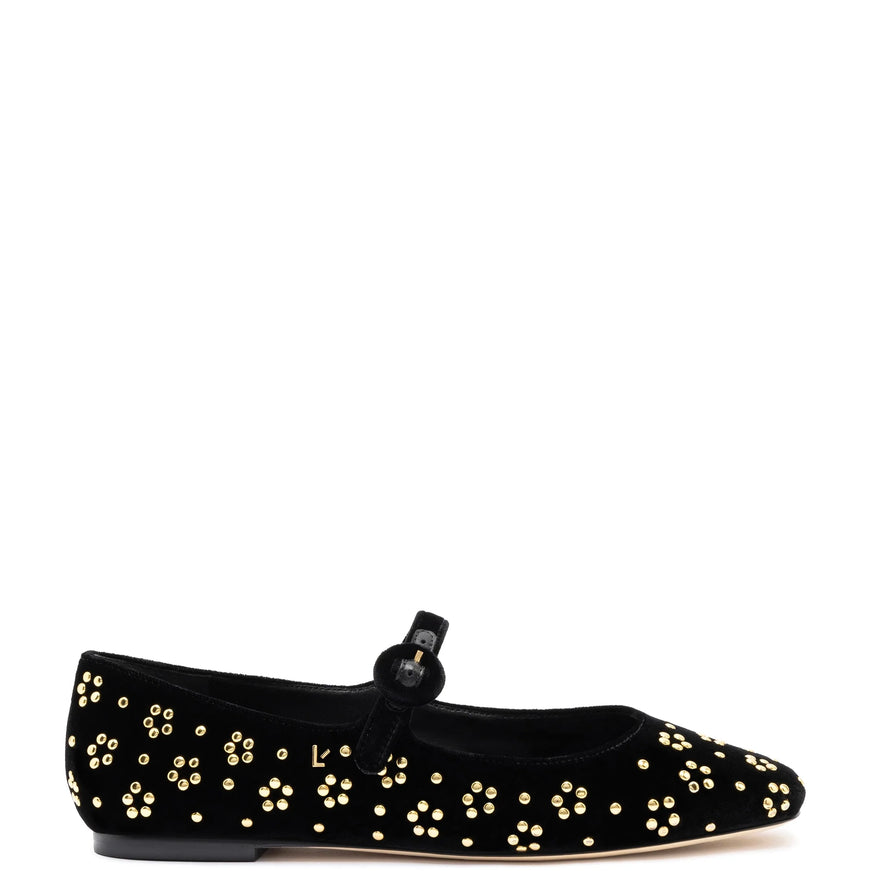 Larroude Blair Ballet Flat In Black Velvet and Gold Studs Black Velvet Studs