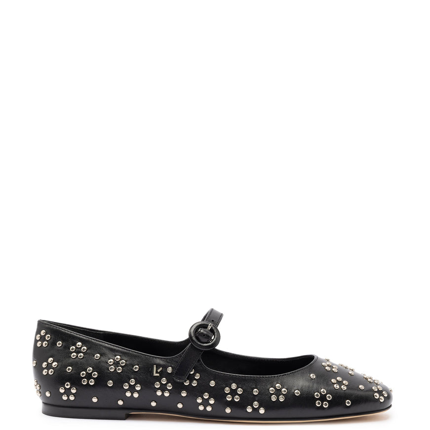 Larroude Blair Ballet Flat In Black Leather and Metallic Studs Black Studs