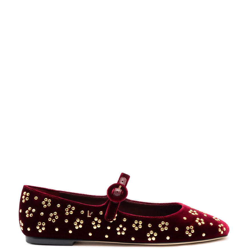 Larroude Blair Ballet Flat In Wine Velvet and Gold Studs Wine Velvet Studs