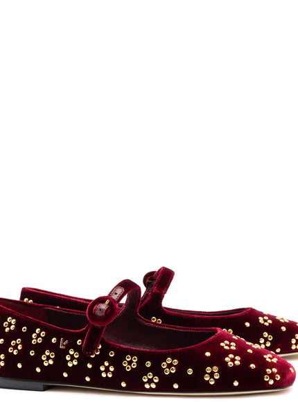 Larroude Blair Ballet Flat In Wine Velvet and Gold Studs