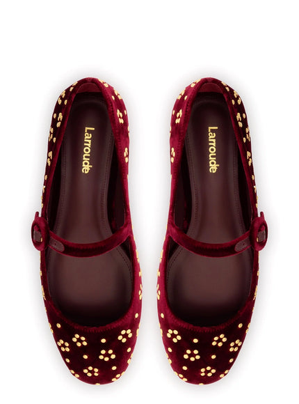 Larroude Blair Ballet Flat In Wine Velvet and Gold Studs