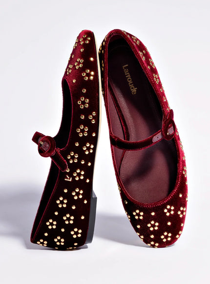 Larroude Blair Ballet Flat In Wine Velvet and Gold Studs