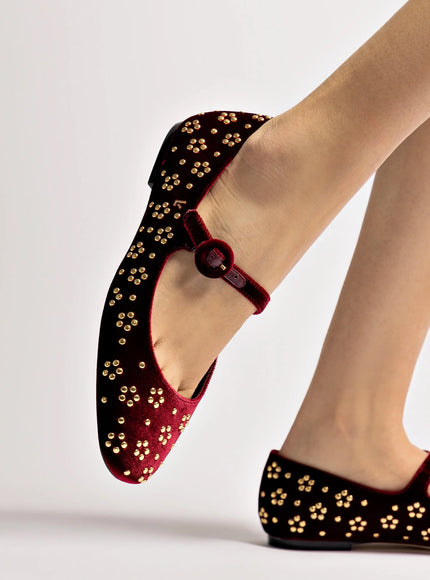 Larroude Blair Ballet Flat In Wine Velvet and Gold Studs