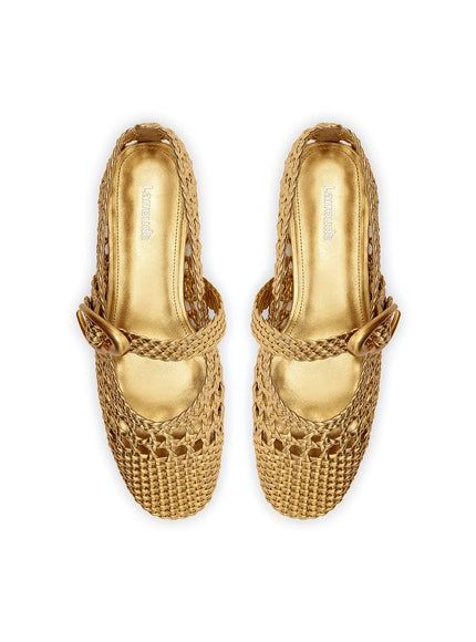 Larroude Verona Macrame Ballet Flat In Gold Metallic Leather