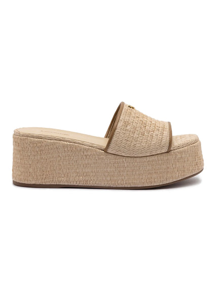 Larroude Alex Flatform Mule In Natural Raffia and Hazelnut Trimming