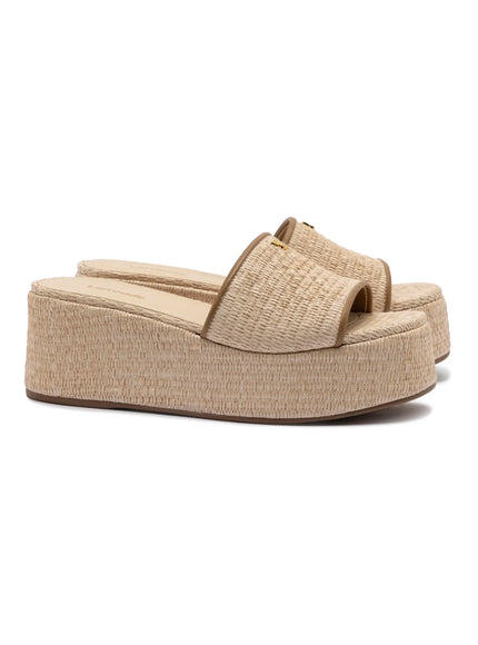 Larroude Alex Flatform Mule In Natural Raffia and Hazelnut Trimming