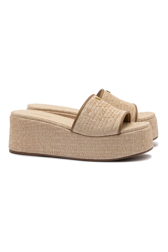 Larroude Alex Flatform Mule In Natural Raffia and Hazelnut Trimming