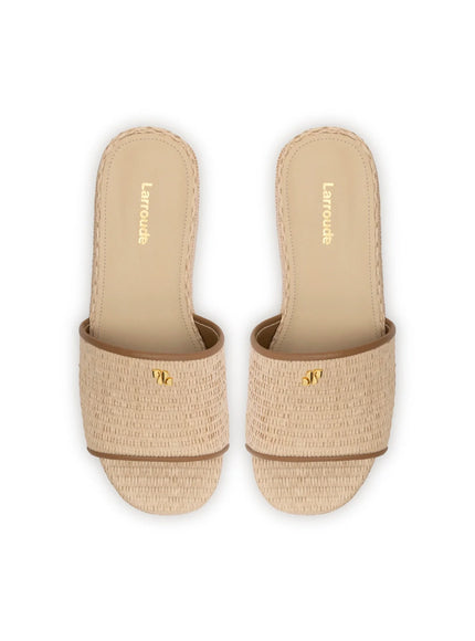 Larroude Alex Flatform Mule In Natural Raffia and Hazelnut Trimming