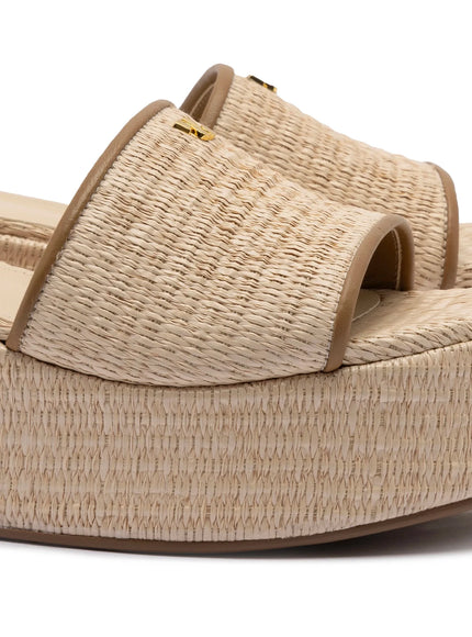 Larroude Alex Flatform Mule In Natural Raffia and Hazelnut Trimming