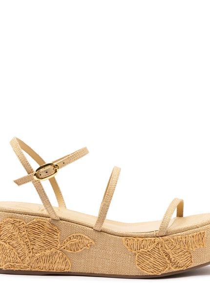 Larroude Gio Flatform In Beige Raffia and Hibiscus Embroidery Beige