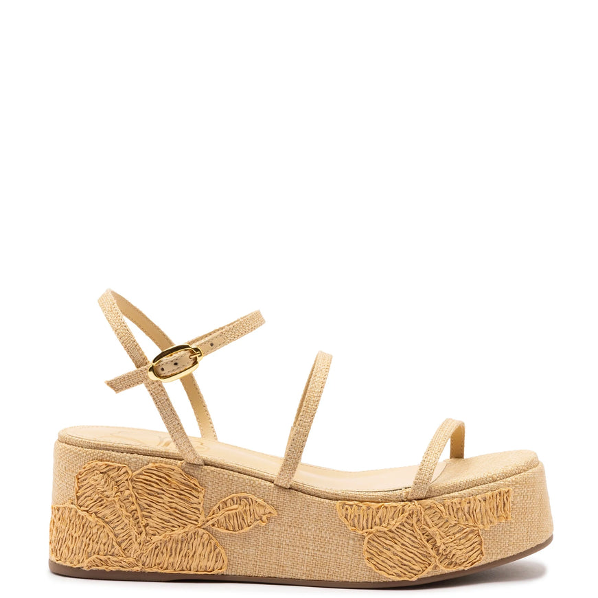 Larroude Gio Flatform In Beige Raffia and Hibiscus Embroidery Beige