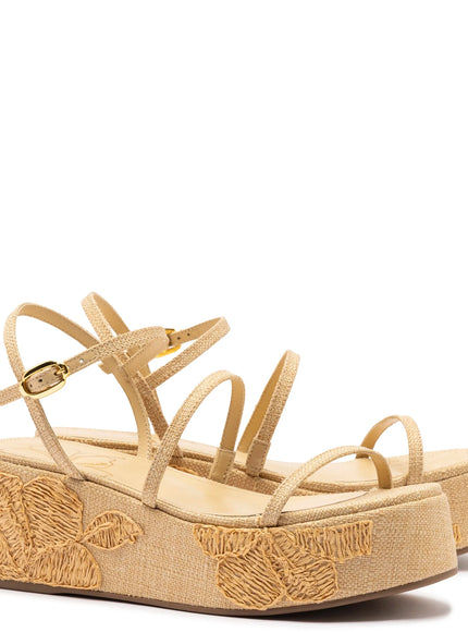 Larroude Gio Flatform In Beige Raffia and Hibiscus Embroidery