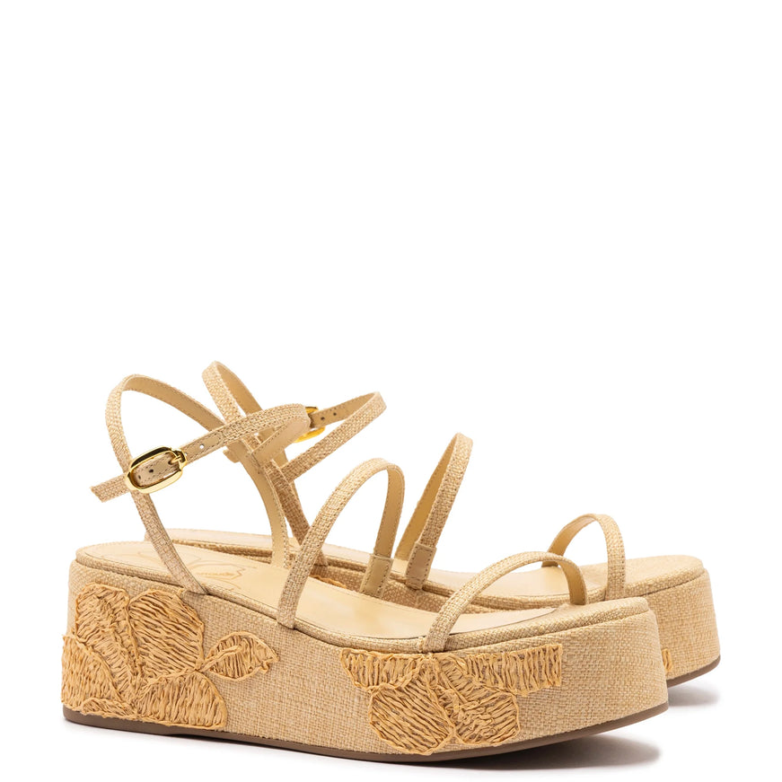 Larroude Gio Flatform In Beige Raffia and Hibiscus Embroidery