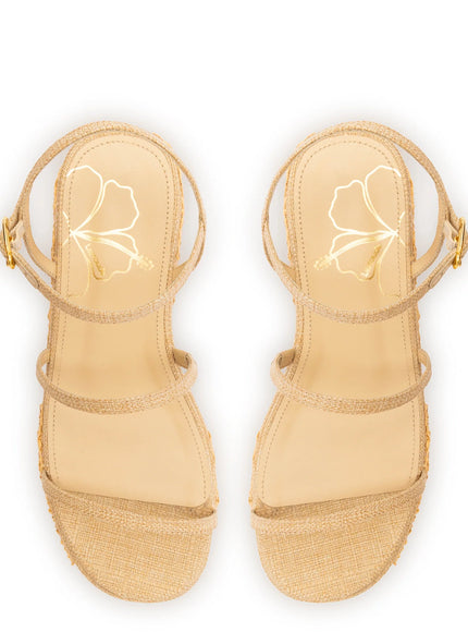 Larroude Gio Flatform In Beige Raffia and Hibiscus Embroidery