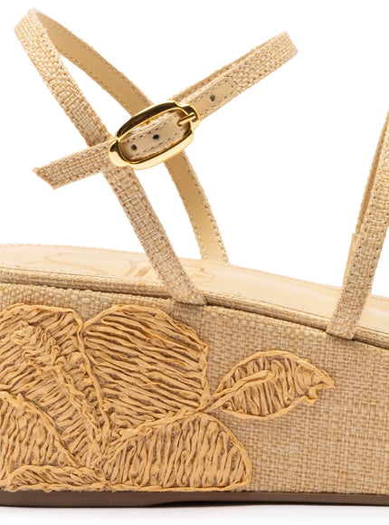 Larroude Gio Flatform In Beige Raffia and Hibiscus Embroidery