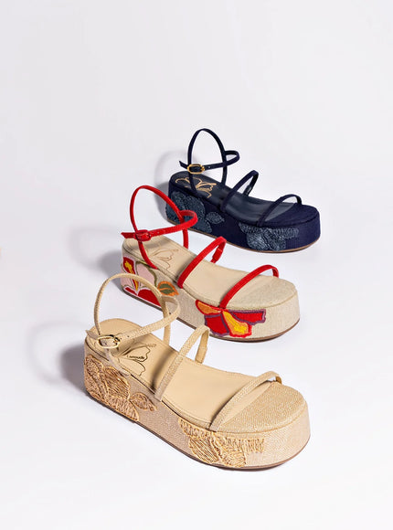 Larroude Gio Flatform In Beige Raffia and Hibiscus Embroidery