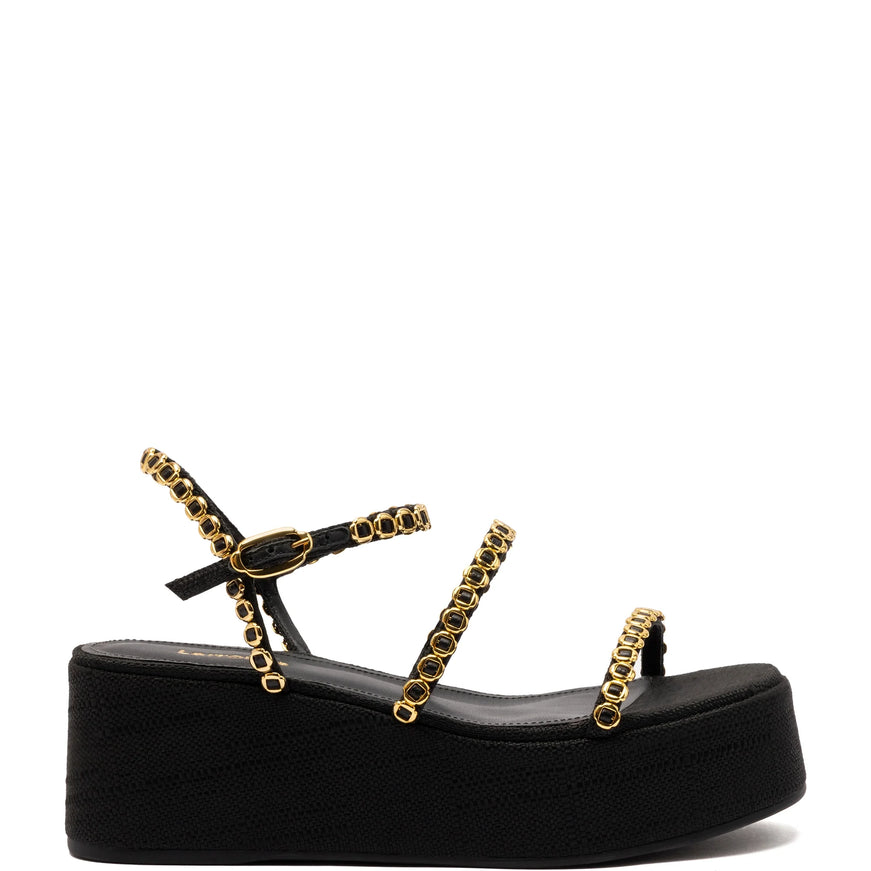 Larroude Gio Milanina Flatform Sandal In Black Raffia Black