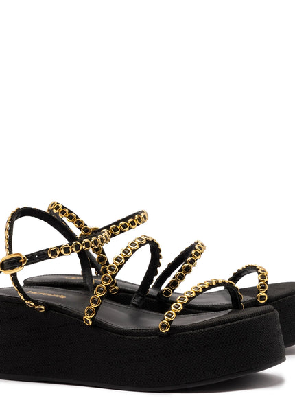 Larroude Gio Milanina Flatform Sandal In Black Raffia