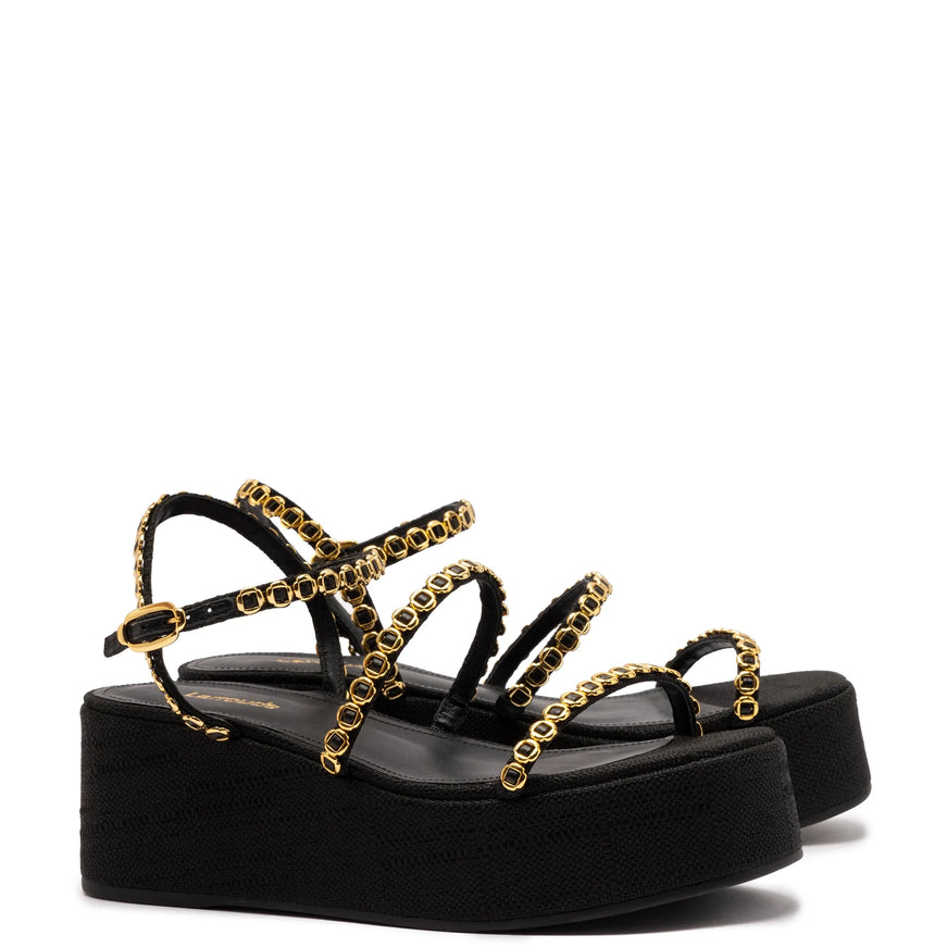Larroude Gio Milanina Flatform Sandal In Black Raffia
