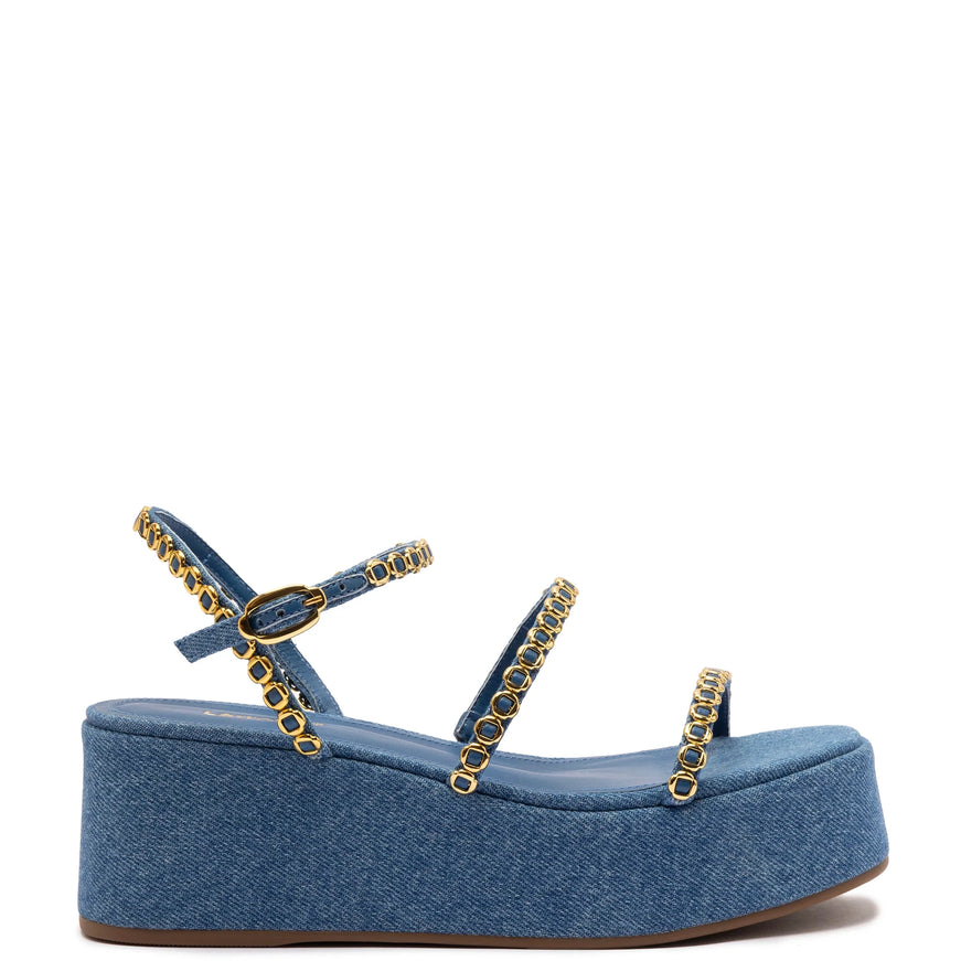Larroude Gio Milanina Flatform Sandal In Blue Stoned Raffia Blue