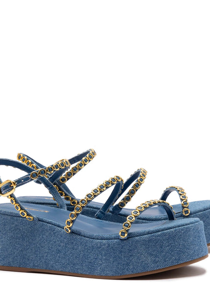 Larroude Gio Milanina Flatform Sandal In Blue Stoned Raffia