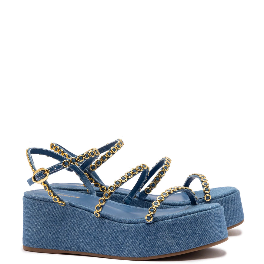 Larroude Gio Milanina Flatform Sandal In Blue Stoned Raffia