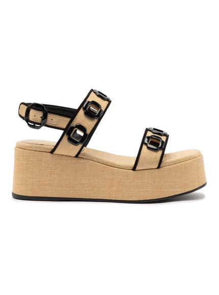 Larroude Milan Flatform In Beige Raffia and Black Trimming
