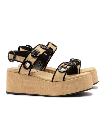 Larroude Milan Flatform In Beige Raffia and Black Trimming