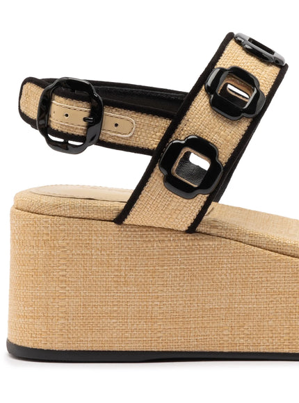 Larroude Milan Flatform In Beige Raffia and Black Trimming