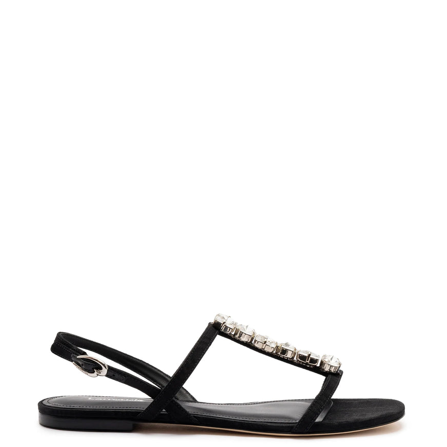 Larroude Calypso Flat Sandal In Black Fabric and Crystals Black