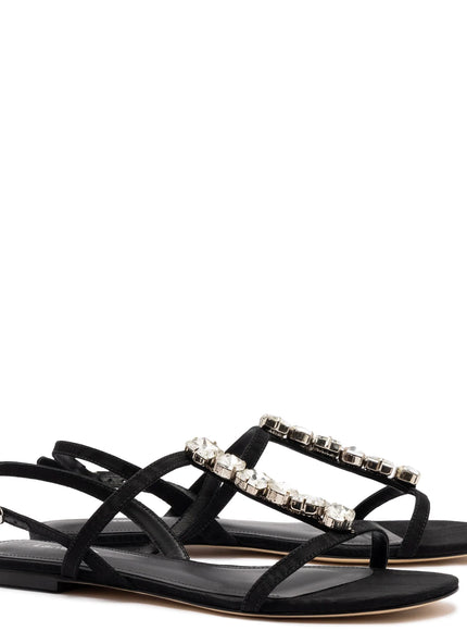 Larroude Calypso Flat Sandal In Black Fabric and Crystals