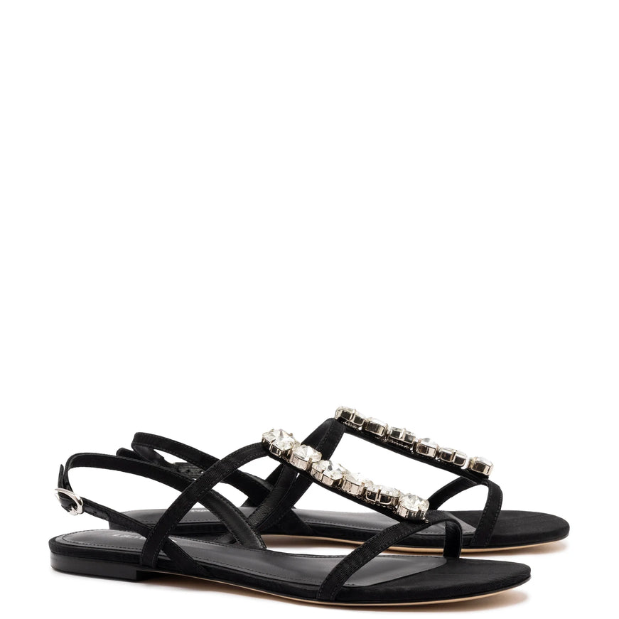 Larroude Calypso Flat Sandal In Black Fabric and Crystals