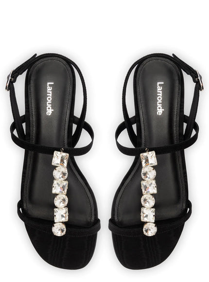 Larroude Calypso Flat Sandal In Black Fabric and Crystals