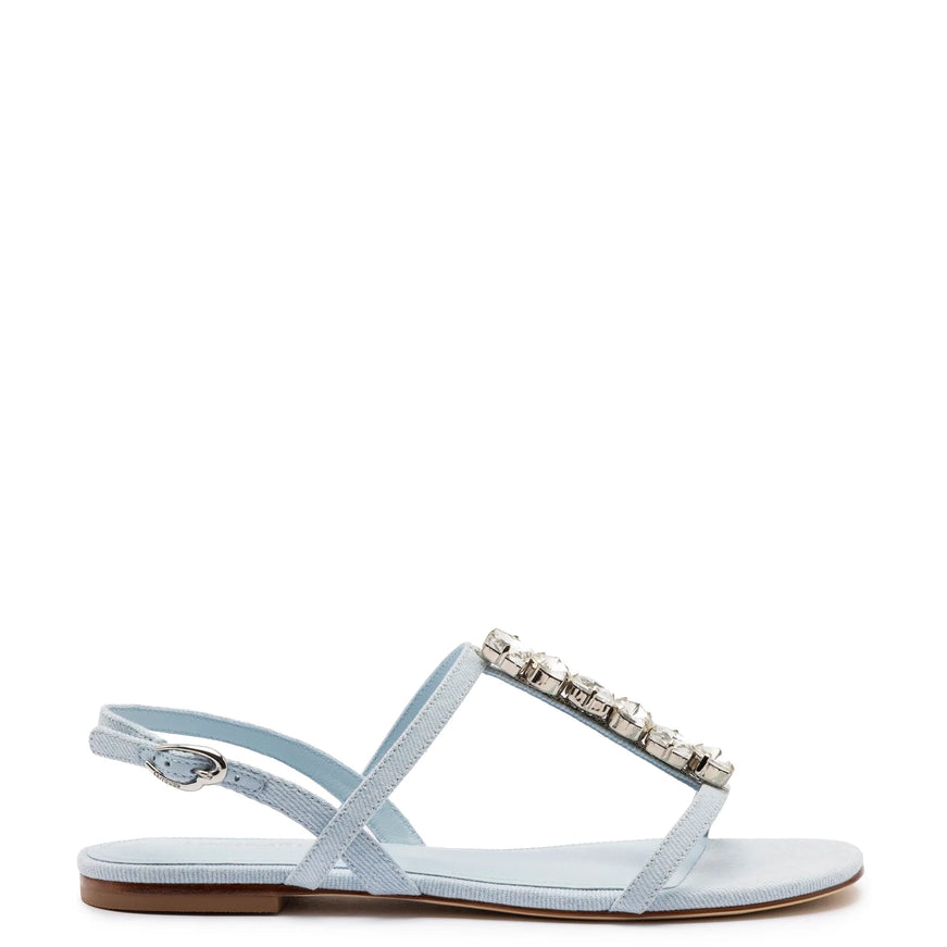 Larroude Calypso Flat Sandal In Maya Denim and Crystals Maya