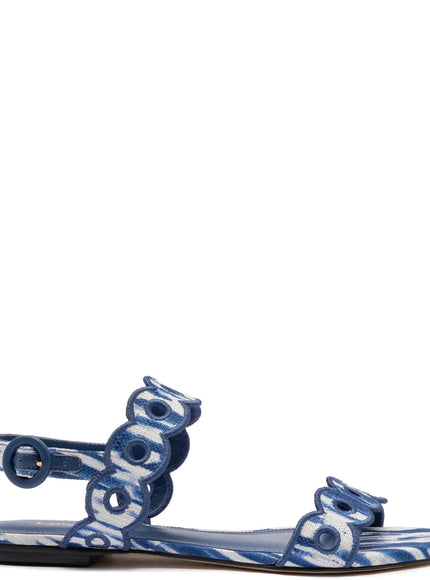 Larroude Florence Broderie Flat Sandal In Tie Dye Blue Raffia Tyedye Blue