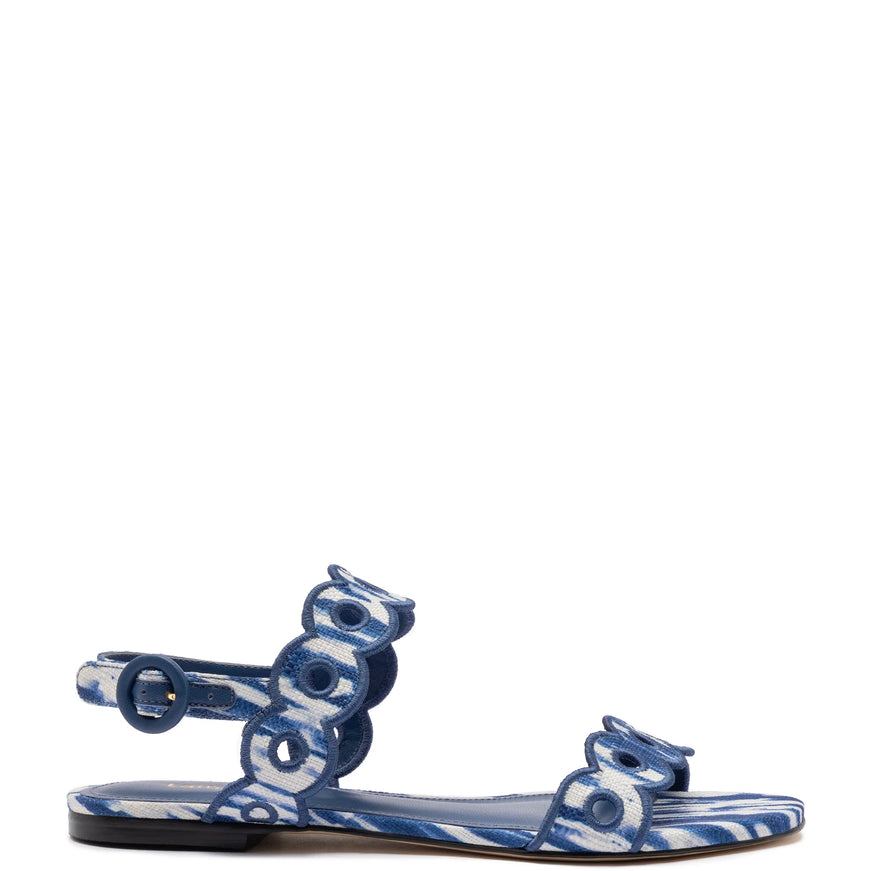 Larroude Florence Broderie Flat Sandal In Tie Dye Blue Raffia Tyedye Blue