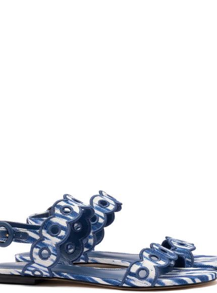 Larroude Florence Broderie Flat Sandal In Tie Dye Blue Raffia