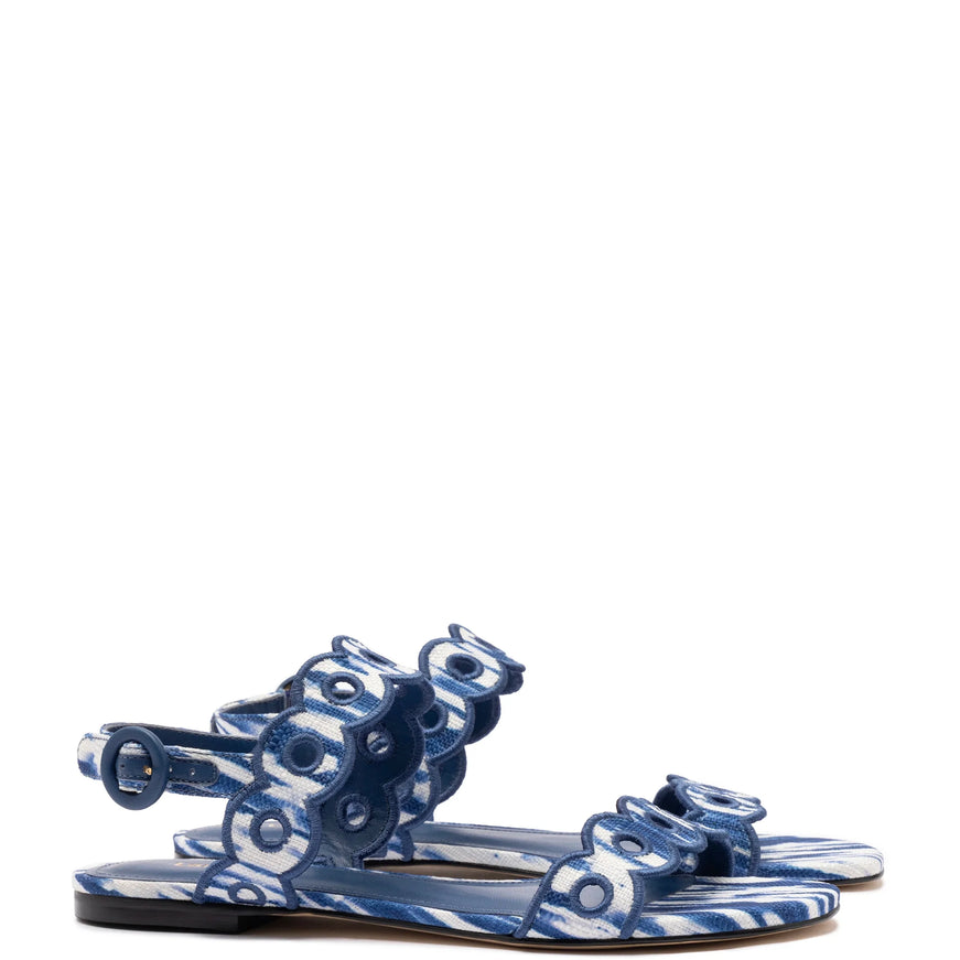 Larroude Florence Broderie Flat Sandal In Tie Dye Blue Raffia