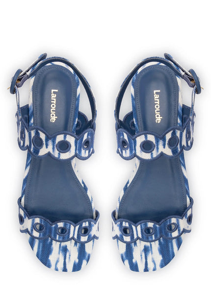Larroude Florence Broderie Flat Sandal In Tie Dye Blue Raffia