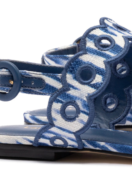 Larroude Florence Broderie Flat Sandal In Tie Dye Blue Raffia