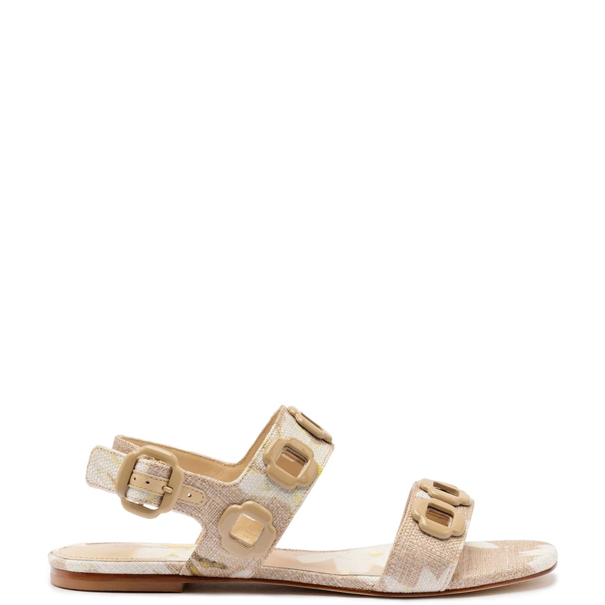 Larroude Milan Flat Sandal In Beige Printed Raffia Beige