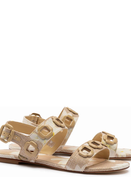 Larroude Milan Flat Sandal In Beige Printed Raffia