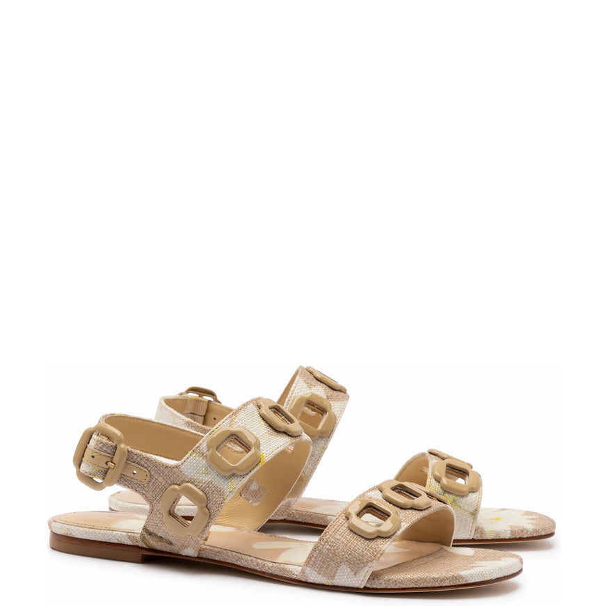 Larroude Milan Flat Sandal In Beige Printed Raffia