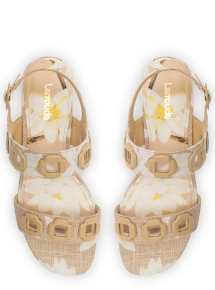 Larroude Milan Flat Sandal In Beige Printed Raffia