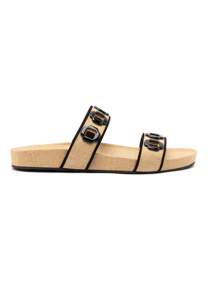 Larroude Milan Slide In Beige Raffia with Black Trim